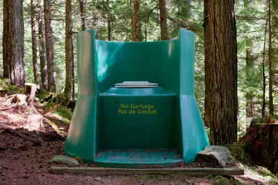 Throne over the woods style composting toilet at campsite 32 in Bowron Lakes Provincial Park, BC (DSCF2871)