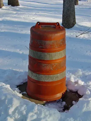 Construction barrel at Manassas rest area (52675052189)