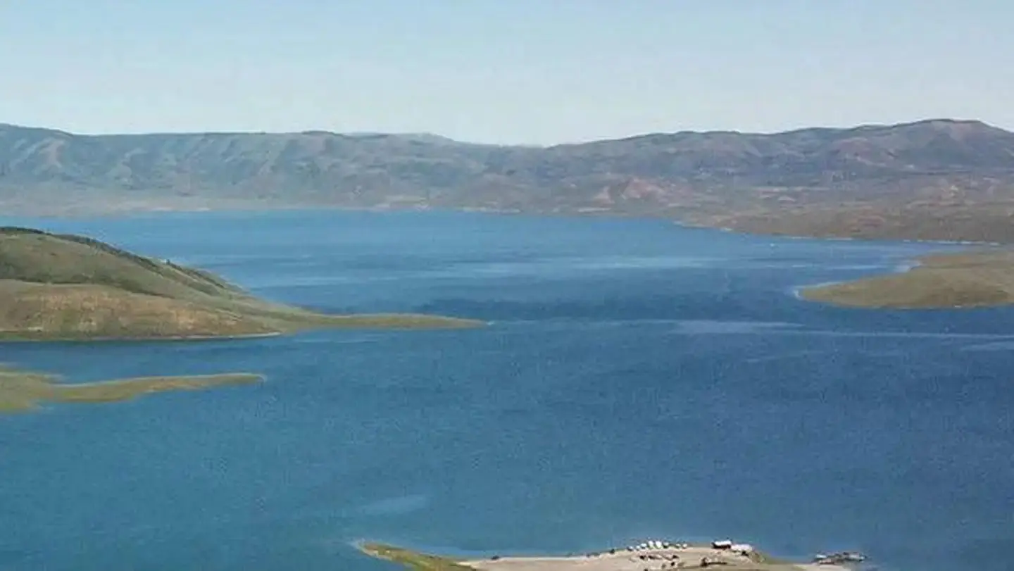 Panorama of a blue mountain lake