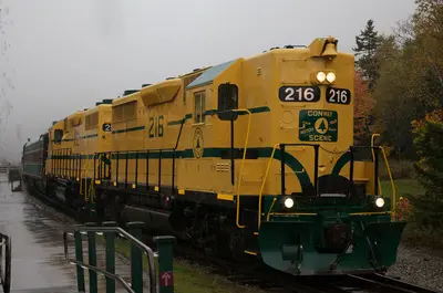 Locomotives No. 216 and 252 in the rain at the Conway Scenic Railway, September 2010
