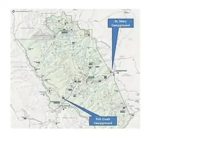A park map comparing the locations of St. Mary and Fish Creek Campgrounds