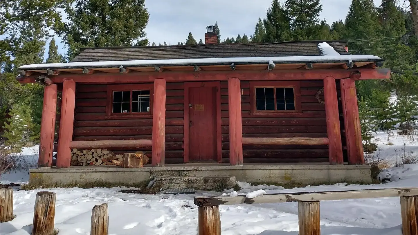 Front View of High Rye Cabin,  Red Cabin with snow on ground