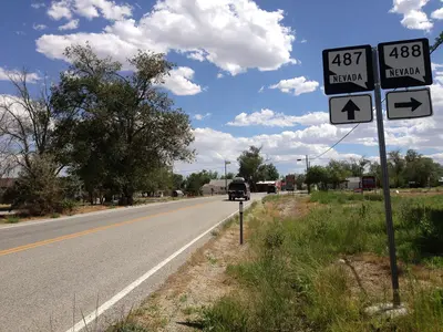 2014-08-09 14 19 50 View south along Nevada State Route 487 (Baker Road) about 6.2 miles north of the Utah state line at the junction with Nevada State Route 488 (Lehman Caves Road) in Baker, Nevada