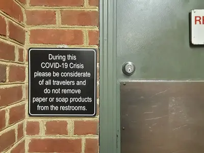 Permanent COVID signage at the Alberta Safety Rest Area along I-85 in southern Virginia 01