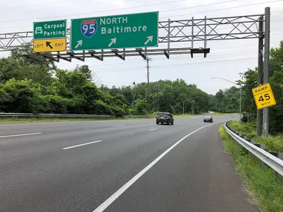 2019-06-05 12 08 43 View north along Interstate 95 at the exit for Carpool Parking in Beltsville, Prince George's County, Maryland
