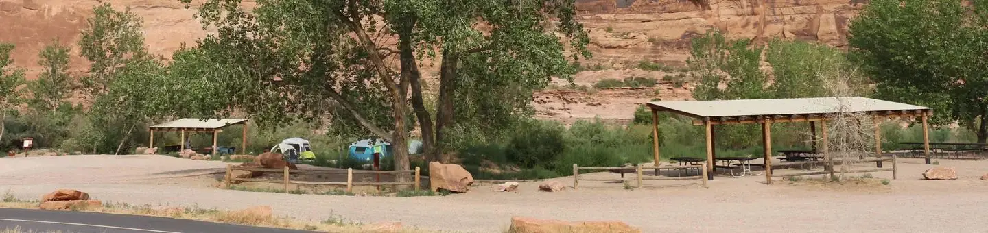 Group Site A & B at the Goose Island Campground including shade shelters, large cottonwood tree, and red rock cliffs behind.