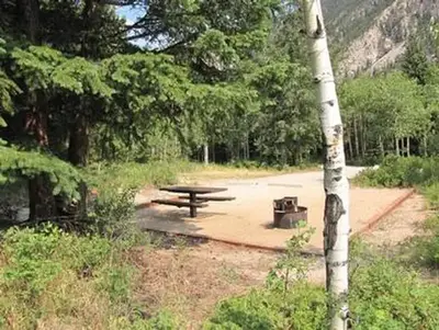 Campsite with trees, picnic table, fire pit, mountain in background