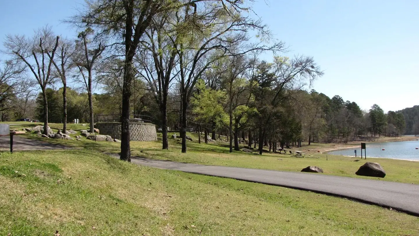 View of campsites overlooking swim area