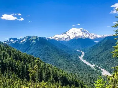 A Panoramic View of the White River Valley High Above the Campground with Mount Rainier in the Distance