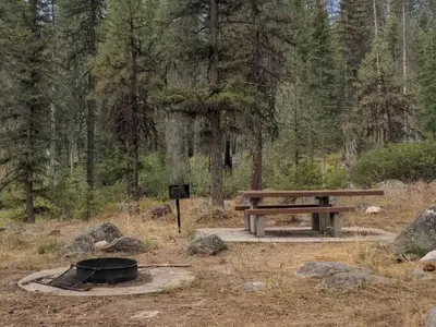 Ponderosa Campground site with table and fire ring