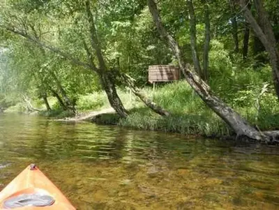 Yellow kayak on river with trees in the background