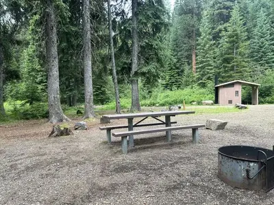 Campsite with fire ring and picnic table edged by pine trees with toilet building in the background.