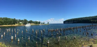 Remains of boathouses in Snail Shell Harbor, at Fayette Historic State Park