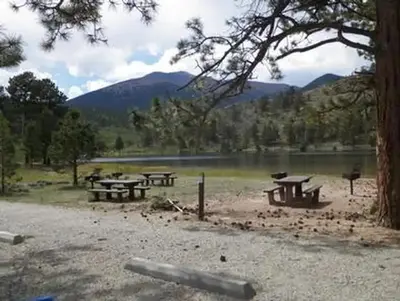 Picnic tables near lake with mountains in background