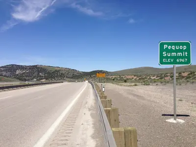 2014-06-11 11 14 12 Sign for Pequop Summit, Nevada along westbound Interstate 80 and northbound Alternate U.S. Route 93