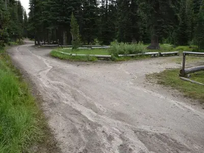 Access road with parking areas for campsites along the right-hand side of the road.