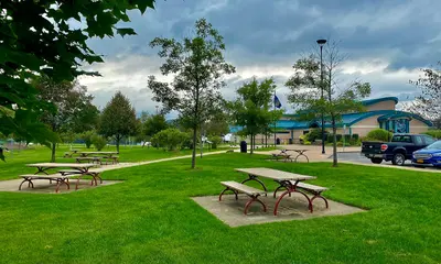 Picnic area at Interstate 86 Allegany River Rest Area, Town of Allegany, New York - 20210912