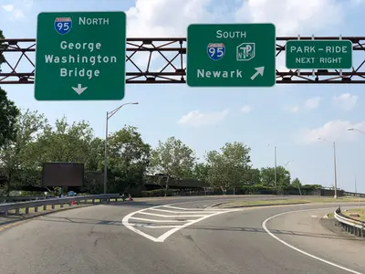 2021-05-26 15 56 42 View along the ramp connecting the Vince Lombardi Service Area to Interstate 95W (New Jersey Turnpike Western Spur) in Ridgefield, Bergen County, New Jersey