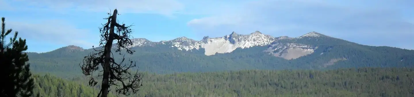 Pine trees in silhouette on near shore, sunny blue lake, and conifer covered hills below a rocky ridge line and partly cloudy sky.