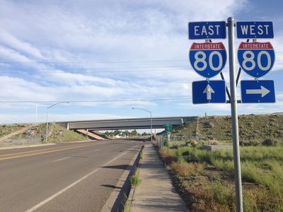 2014-06-10 18 28 51 Signs for Interstate 80 at the west end of Nevada State Route 223 (Humboldt Avenue) in Wells, Nevada