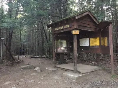 2016-09-04 07 01 14 Information and registration kiosk at the north end of the Van Hoevenberg Trail in North Elba, Essex County, New York