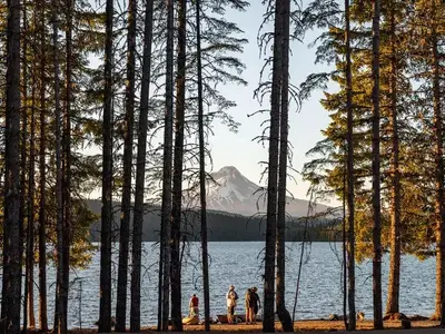 View of Mount Hood from Stone Creek Campground shoreline