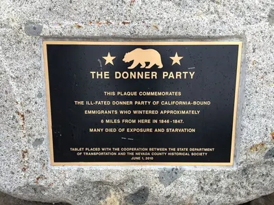 2015-11-01 09 17 09 "The Donner Party" commemorative plaque at Donner Summit on Interstate 80 in Nevada County, California