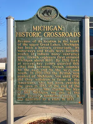 Michigan Historic Site No. 165 - Michigan, Historic Crossroads, plaque (MDOT rest area, Monroe County, MI)