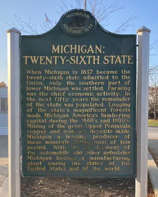Michigan Historic Site No. 165 - Michigan, Twenty-Sixth State, plaque (MDOT rest area, Monroe County, MI)