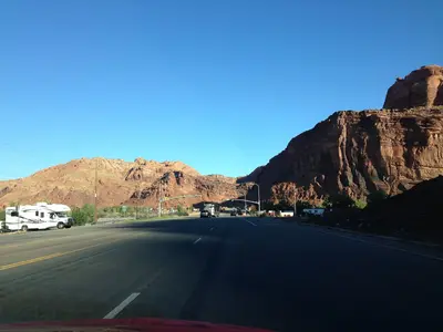 2013-09-23 08 41 28 View north along U.S. Route 191 at the junction with Utah State Route 128 just north of Moab, Utah