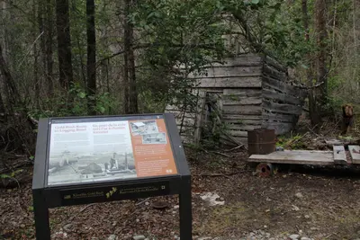 A wayside in front of a rough wooden, collapsing building surrounded by forest