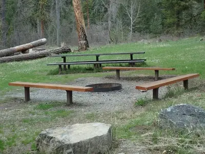 Large flat rock in front of benches around a fire ring with picnic table, grassy meadow, and forest in background.
