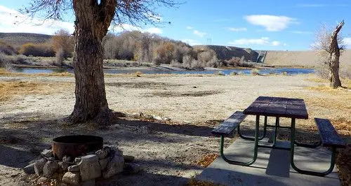 Tail race campground fire ring and picnic table