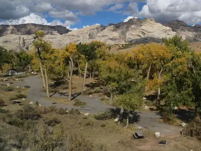 Looking down on Green River Campground from Cub Creek Road overlook.   Cottonwood trees are starting to turn yellow.