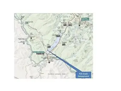 A map showing the location of Fish Creek Campground and the surrounding area