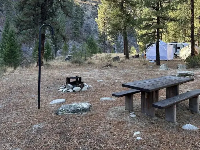 Campsite with lantern hook, fire ring, and picnic table