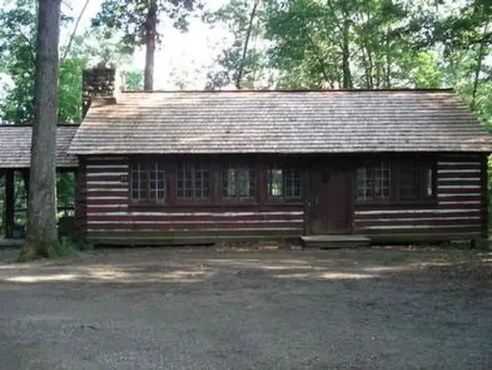 American chestnut lodge #23 with two picnic tables, and outdoor grill/firepit surrounded by trees.