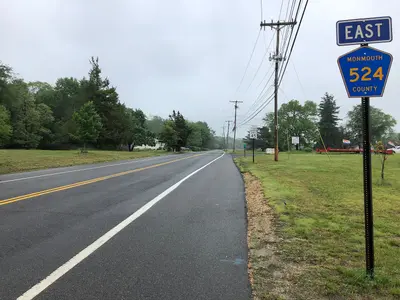 2018-05-27 15 49 21 View east along Monmouth County Route 524 (Adelphia Road) at Monmouth County Route 524 Alternate (Squankum-Yellowbrook Road) in Howell Township, Monmouth County, New Jersey