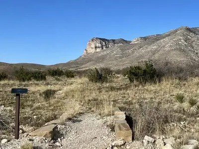 Foothills trail leading away form the Frijole Horse Corral Campground.  El Capitan mountain is visible in the background.