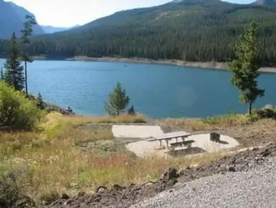 Hood Creek Campground campsite with view of Hyalite Reservoir & mountains