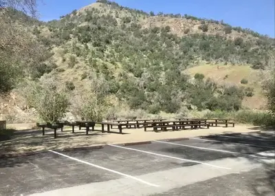 Picnic table and grills.