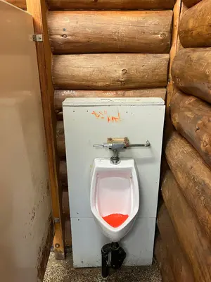 A graffiti covered urinal in a washroom outside of Lachute, Quebec