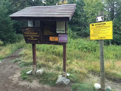 2016-09-04 08 03 45 Information and registration kiosk along the Van Hoevenberg Trail about 2.3 miles south of the trailhead in North Elba, Essex County, New York