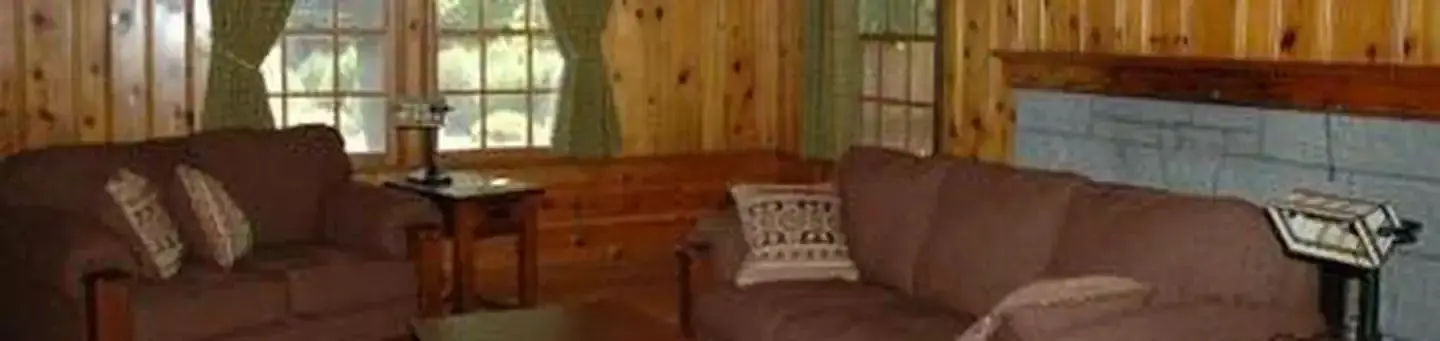 Couch and love seat in wood paneled living room.