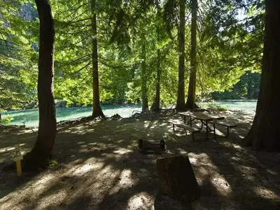 Picnic table and fire grill with trees and river in the background.