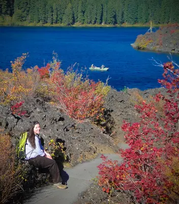 Woman Hiker and Fisherman at Clear Lake in Autumn, Willamette National Forest (34047902314)