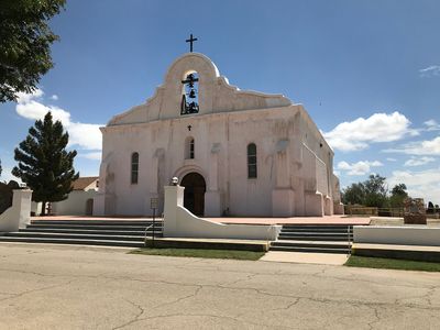 A view from the road in front of the Presidio Mission in San Elizario, TX (b38f81e2-bc54-460d-803c-769b93313d34)
