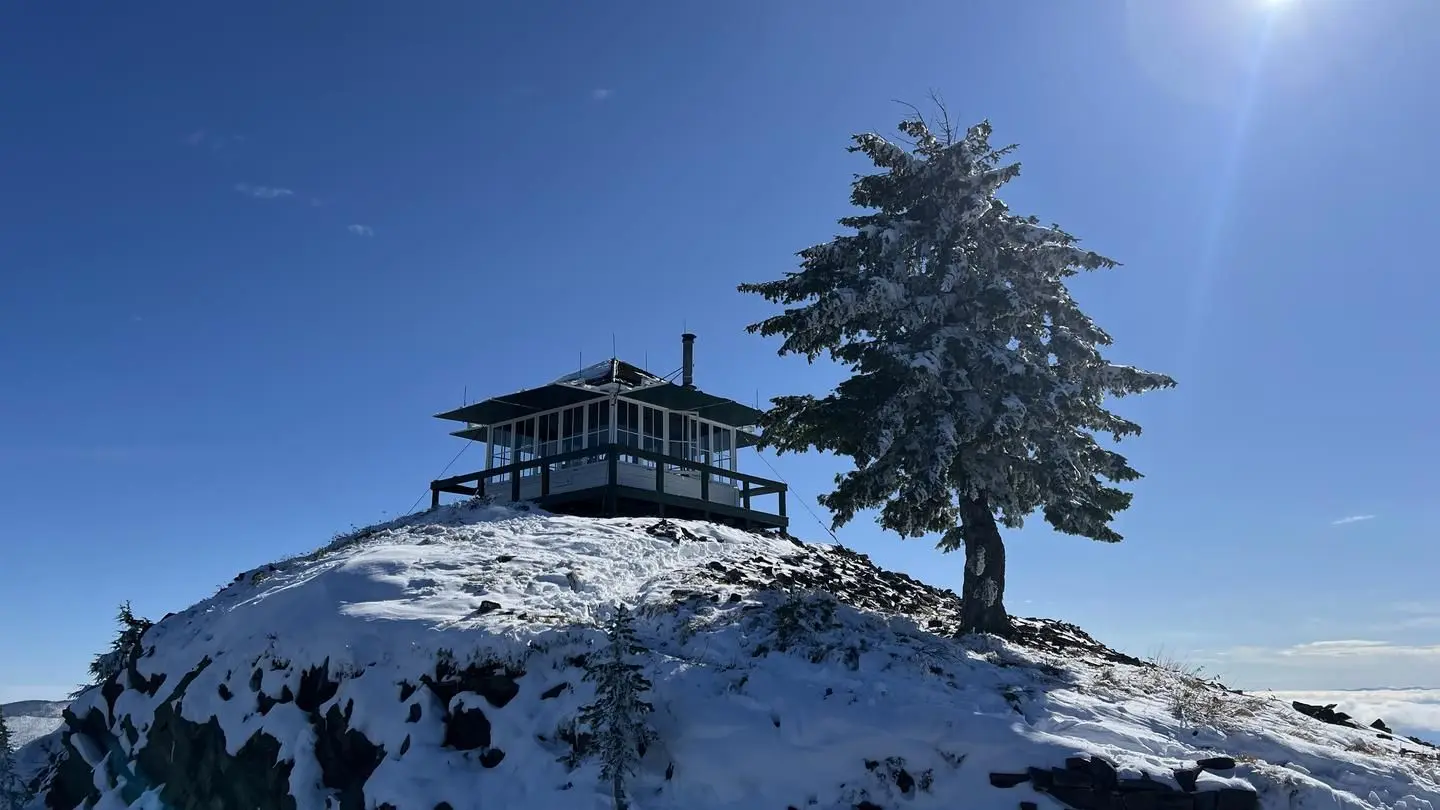 View of Cougar Peak Lookout from the ground below.