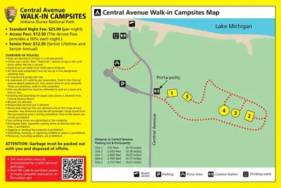 A map showing the Central Avenue Walk In Sites, with a list of the walking distances to each site