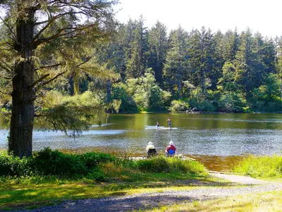 Fishing and floating at Coffenbury Lake in Fort Stevens State Park